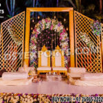 Elegant Wooden Golden Frame Panels for Wedding Stage and Musical Night Decor with Floral and Lighting Arrangement