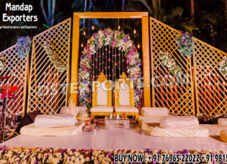 Elegant Wooden Golden Frames for Musical Night Decor Elegant Wooden Golden Frame Panels for Wedding Stage and Musical Night Decor with Floral and Lighting Arrangement