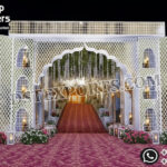 Grand Muslim Wedding Wooden Mirror Theme Welcome Gate with arched Mughal design, chandeliers, and handcrafted wooden frames decorated with mirrors.