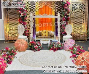Mehndi stage decoration, Haldi ceremony stage setup, floral wedding backdrop, wooden frame wedding decor, Indian wedding jhula set, luxury mehndi decor, haldi stage ideas, colorful event backdrop, wedding stage supplier India, destination wedding decor UK USA Australia Canada