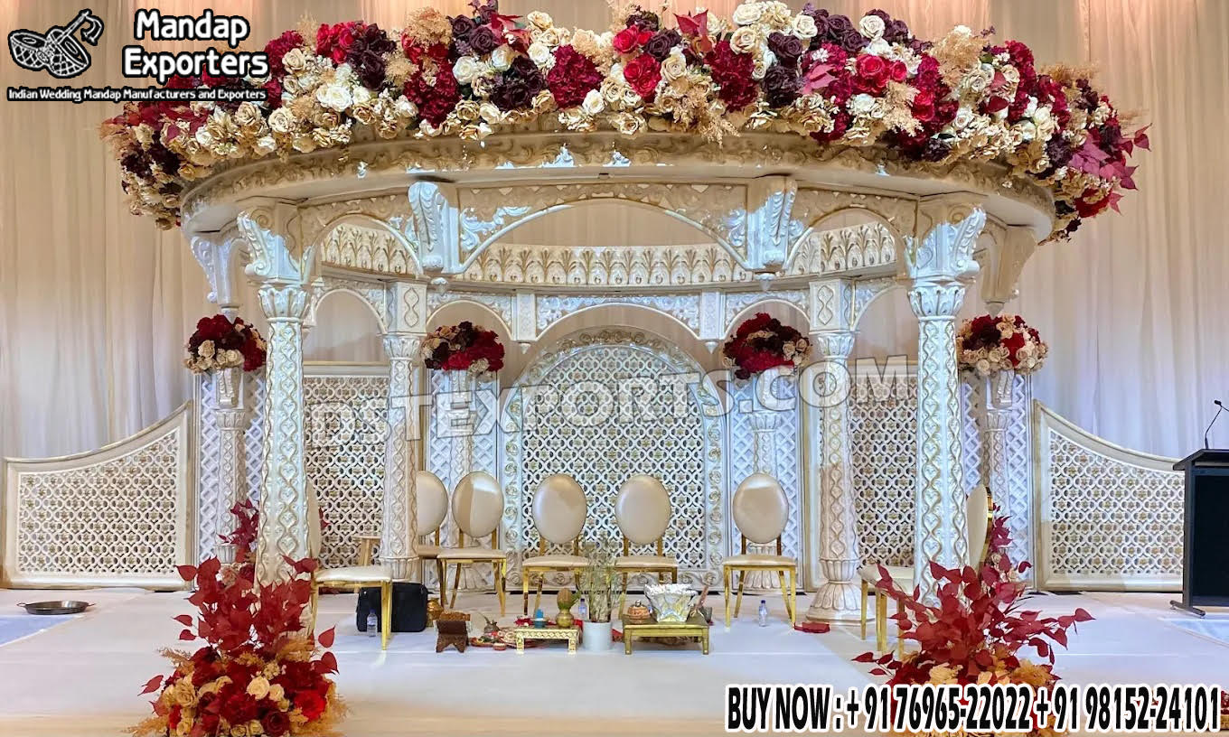 Bollywood Wedding Mandap USA, Outdoor Indian Wedding Stage, Destination Wedding Mandap, Luxury Fiber Mandap, Indian Mandap for Resort Wedding, Grand Indian Wedding Decor, Outdoor Mandap Setup, Bollywood Style Mandap, White Carved Mandap for Wedding, Indian Wedding Stage Exporter, Mandap Exporters USA, Royal Wedding Mandap, Elegant Fiber Wedding Mandap, Destination Wedding Decoration