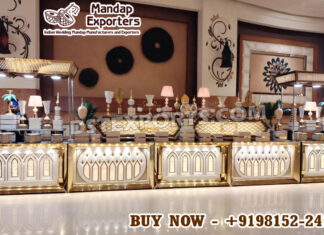 Led Food Counter & Display for Wedding Venues Luxury food counter ,Wedding buffet counter ,Golden catering counter ,Premium event food station ,Designer food counter for weddings ,Mirror finish buffet counter ,Indian wedding food setup ,Customized catering counter ,High-end food display table ,Event décor food counter ,Royal wedding food station ,Metallic buffet counter,Mandap Exporters food counter