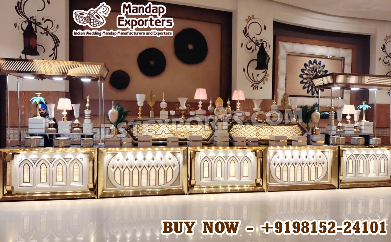 Luxury food counter ,Wedding buffet counter ,Golden catering counter ,Premium event food station ,Designer food counter for weddings ,Mirror finish buffet counter ,Indian wedding food setup ,Customized catering counter ,High-end food display table ,Event décor food counter ,Royal wedding food station ,Metallic buffet counter,Mandap Exporters food counter