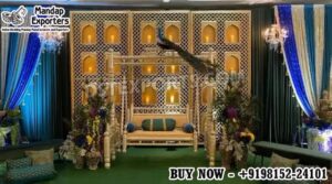 Rajasthani Mehndi Stage Setup , Indian Mehndi Event Decoration USA ,Wooden Jali Backdrop for Wedding ,Designer Mehndi Swing Setup, Luxury Sangeet Stage Decoration, Haldi Ceremony Stage Décor, Wedding Swing Jhoola Manufacturer ,Indian Wedding Decor for USA Canada, Traditional Mehndi Backdrop Panels ,Mandap Exporters Mehndi Decoration , Royal Rajasthani Wedding ,Stage Carved Wooden Jali Panels for Event, Mehndi Ceremony Props for Sale