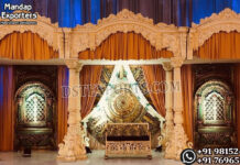Traditional Wedding Wooden Peacock Pillar Open Mandap Stage Wooden mandap for Indian wedding USA, Antique carved wooden mandap for outdoor ceremony ,Best wooden mandap manufacturers in India, Buy wedding mandap for destination weddings, Luxury handcrafted teak wood mandap set , Export quality wooden mandap for sale, Bridal stage wooden mandap complete setup