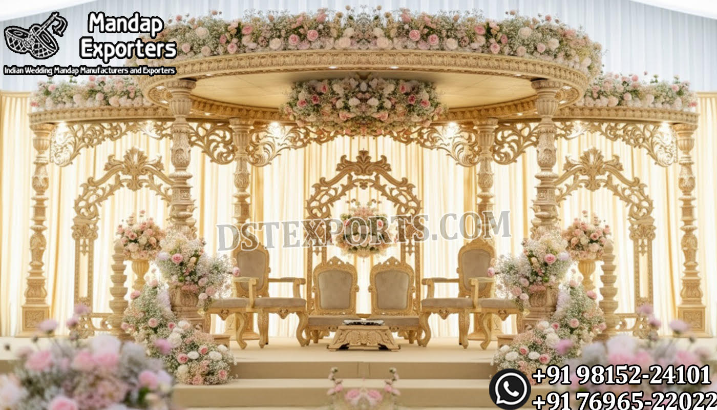 Bollywood Wedding Mandap USA, Outdoor Indian Wedding Stage, Destination Wedding Mandap, Luxury Fiber Mandap, Indian Mandap for Resort Wedding, Grand Indian Wedding Decor, Outdoor Mandap Setup, Bollywood Style Mandap, White Carved Mandap for Wedding, Indian Wedding Stage Exporter, Mandap Exporters USA, Royal Wedding Mandap, Elegant Fiber Wedding Mandap, Destination Wedding Decoration