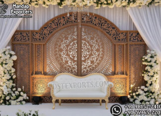 Luxury Mandala Design Wooden Frames for Muslim Wedding outdoor wedding backdrop, reception stage backdrop, wooden wedding backdrop frames, garden wedding stage decor, destination wedding backdrop, modern wedding arch backdrop, outdoor reception stage setup, luxury wedding backdrop panels, white wedding backdrop, wedding decor exporters India, wedding backdrop for rent, reception stage decor USA, UK wedding backdrop, Middle East outdoor wedding decor, DST International wedding backdrop, DST Home Furniture stage decor, reusable wedding backdrop panels