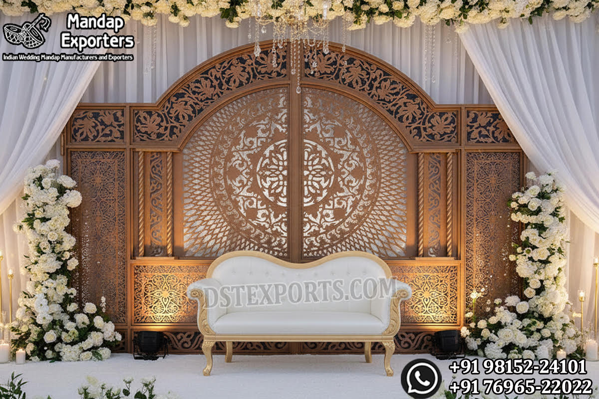 outdoor wedding backdrop, reception stage backdrop, wooden wedding backdrop frames, garden wedding stage decor, destination wedding backdrop, modern wedding arch backdrop, outdoor reception stage setup, luxury wedding backdrop panels, white wedding backdrop, wedding decor exporters India, wedding backdrop for rent, reception stage decor USA, UK wedding backdrop, Middle East outdoor wedding decor, DST International wedding backdrop, DST Home Furniture stage decor, reusable wedding backdrop panels