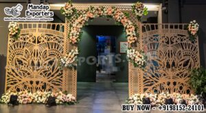 laser cut metal wedding entrance gate, wedding entrance gate decoration, luxury wedding entrance decor, laser cut wedding panels, floral entrance gate for wedding, metal wedding entrance backdrop, wedding welcome gate decor, engagement entrance gate setup, reception entrance decor ideas, destination wedding entrance gate, event entrance gate suppliers, Indian wedding entrance decor export, wedding entrance gate UK, wedding entrance gate USA, wedding entrance decor Australia, Mandap exporters India, DST Exports wedding decor, premium event entrance gate