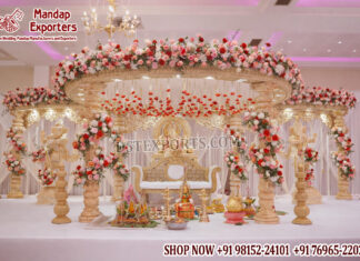 Traditional Hindu Wedding Golden Mandap Setup USA Wedding Mandaps Wedding Stages Wedding Furniture Horse Drawn Carriages Fiber Decoration Items Mehndi Sangeet and Haldi decor props