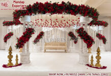 White Triveni Mandap For Hindu Weddings UK Wedding Mandaps Wedding Stages Wedding Furniture Horse Drawn Carriages Fiber Decoration Items Mehndi Sangeet and Haldi decor props