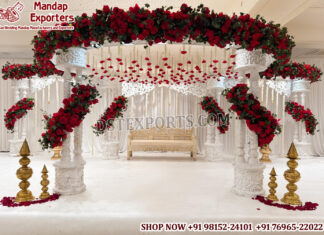 White Triveni Mandap For Hindu Weddings UK Wedding Mandaps Wedding Stages Wedding Furniture Horse Drawn Carriages Fiber Decoration Items Mehndi Sangeet and Haldi decor props