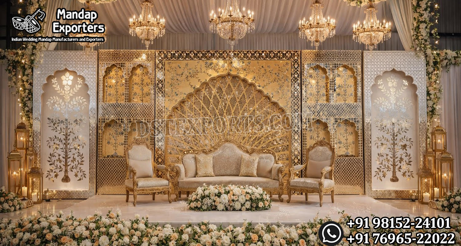 Mughal style nikah stage, mirror wooden frame wedding stage, Islamic wedding stage decor, nikah stage backdrop exporters, walima stage decoration wooden, Muslim wedding mirror stage, jaali mirror backdrop stage, Mughal wedding stage India, nikah stage for UK USA UAE, DST International wedding stage, wooden mirror wedding backdrop, luxury nikah stage decor