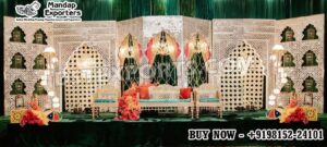 Mughal style nikah stage, mirror wooden frame wedding stage, Islamic wedding stage decor, nikah stage backdrop exporters, walima stage decoration wooden, Muslim wedding mirror stage, jaali mirror backdrop stage, Mughal wedding stage India, nikah stage for UK USA UAE, DST International wedding stage, wooden mirror wedding backdrop, luxury nikah stage decor