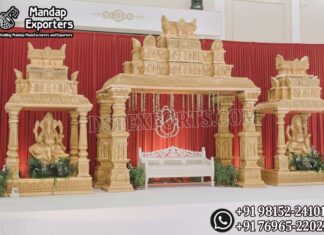 Traditional Tirupati Temple Wedding Mandap Decor Wedding Mandaps Wedding Stages Wedding Furniture Horse Drawn Carriages Fiber Decoration Items Mehndi Sangeet and Haldi decor props