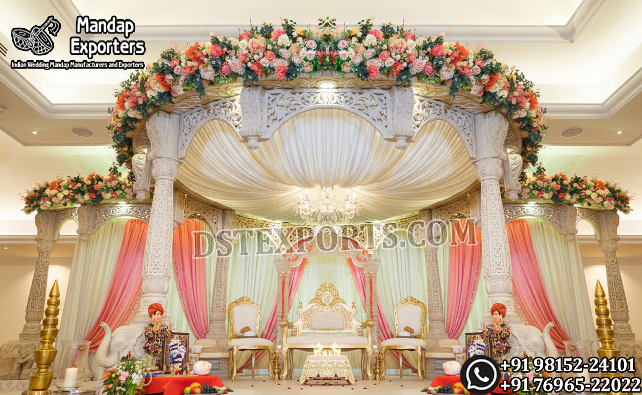Bollywood Wedding Mandap USA, Outdoor Indian Wedding Stage, Destination Wedding Mandap, Luxury Fiber Mandap, Indian Mandap for Resort Wedding, Grand Indian Wedding Decor, Outdoor Mandap Setup, Bollywood Style Mandap, White Carved Mandap for Wedding, Indian Wedding Stage Exporter, Mandap Exporters USA, Royal Wedding Mandap, Elegant Fiber Wedding Mandap, Destination Wedding Decoration