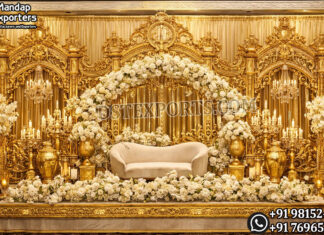 Bollywood Style Grand Gold Wedding Backdrop Wedding Mandaps Wedding Stages Wedding Furniture Horse Drawn Carriages Fiber Decoration Items Mehndi Sangeet and Haldi decor props