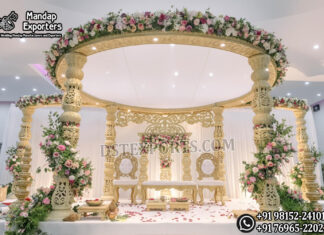 Elegant Anmol Mandap For Gujarati Weddings Wedding Mandaps Wedding Stages Wedding Furniture Horse Drawn Carriages Fiber Decoration Items Mehndi Sangeet and Haldi decor props