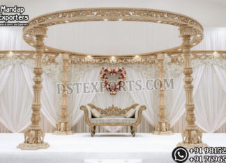 Elegant Elephant Carved Pillar Mandap for Hindu Wedding Wedding Mandaps Wedding Stages Wedding Furniture Horse Drawn Carriages Fiber Decoration Items Mehndi Sangeet and Haldi decor props