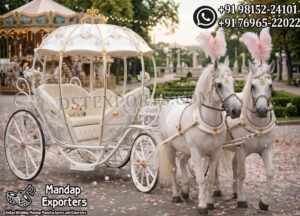Luxury white and gold Cinderella-style royal wedding carriage with ornate detailing, designed for grand bride entry and fairytale themed weddings.