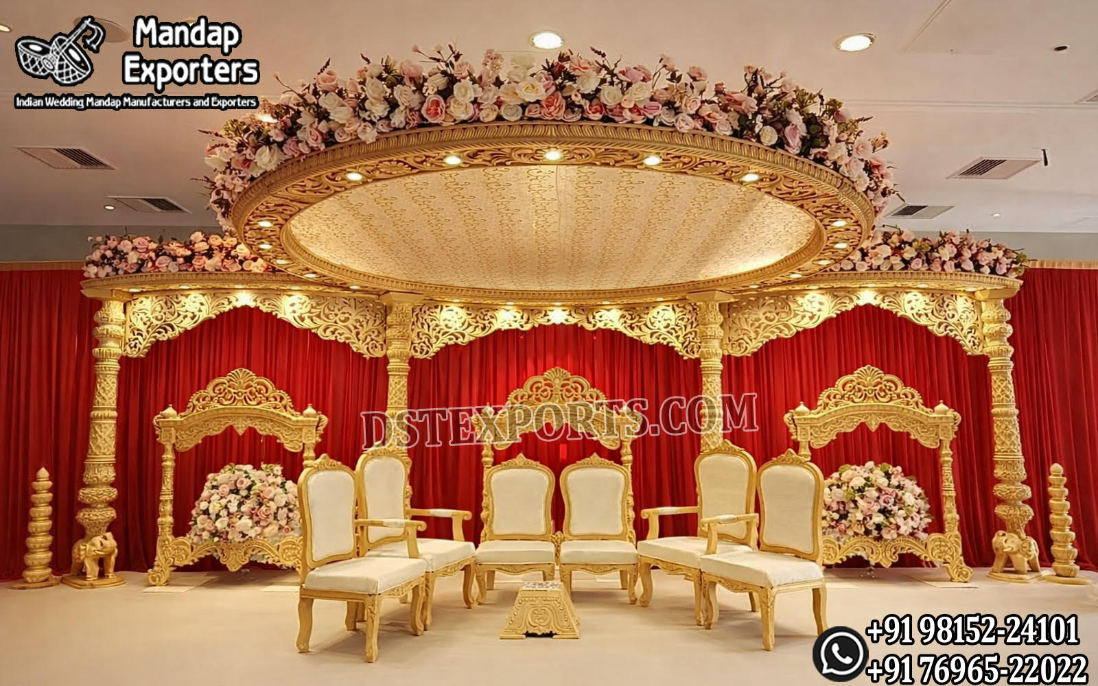 Bollywood Wedding Mandap USA, Outdoor Indian Wedding Stage, Destination Wedding Mandap, Luxury Fiber Mandap, Indian Mandap for Resort Wedding, Grand Indian Wedding Decor, Outdoor Mandap Setup, Bollywood Style Mandap, White Carved Mandap for Wedding, Indian Wedding Stage Exporter, Mandap Exporters USA, Royal Wedding Mandap, Elegant Fiber Wedding Mandap, Destination Wedding Decoration