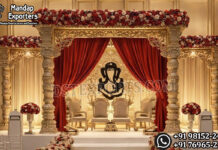 Grand Palace Style Wooden Mandap for UK Weddings Wedding Mandaps Wedding Stages Wedding Furniture Horse Drawn Carriages Fiber Decoration Items Mehndi Sangeet and Haldi decor props