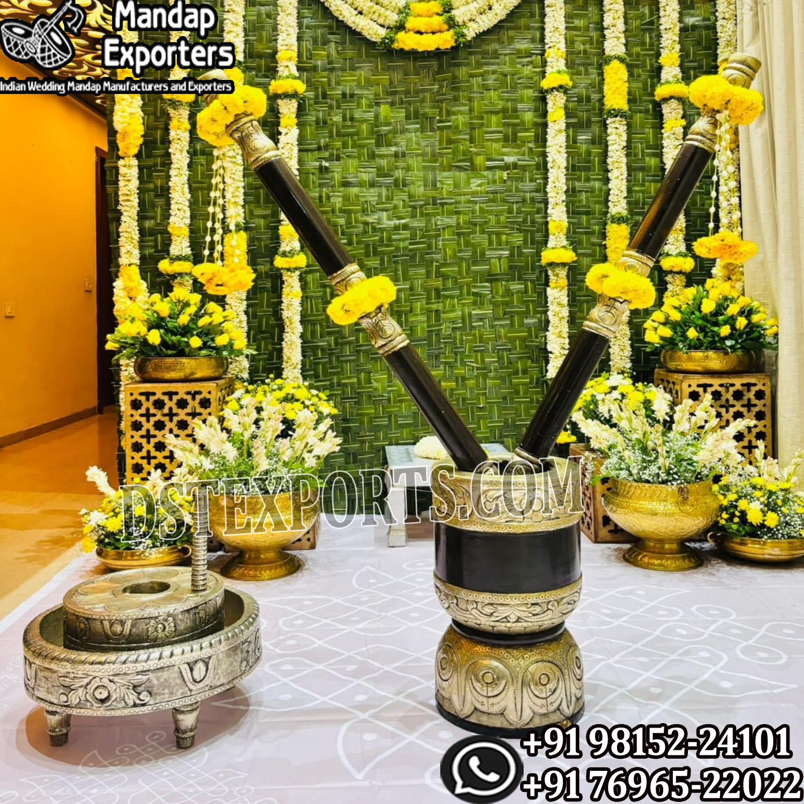 Traditional Rolu and Ammikallu arrangement for South Indian Pasupu Kottadam haldi ceremony with floral decorations.