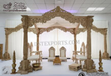 Traditional Wooden Mayur Mandap for Hindu Weddings Bollywood Wedding Mandap USA, Outdoor Indian Wedding Stage, Destination Wedding Mandap, Luxury Fiber Mandap, Indian Mandap for Resort Wedding, Grand Indian Wedding Decor, Outdoor Mandap Setup, Bollywood Style Mandap, White Carved Mandap for Wedding, Indian Wedding Stage Exporter, Mandap Exporters USA, Royal Wedding Mandap, Elegant Fiber Wedding Mandap, Destination Wedding Decoration