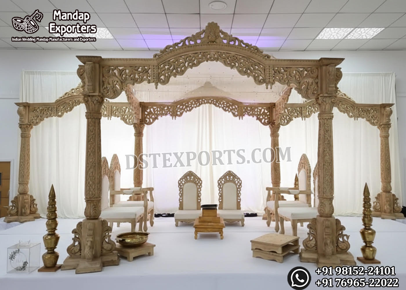 Bollywood Wedding Mandap USA, Outdoor Indian Wedding Stage, Destination Wedding Mandap, Luxury Fiber Mandap, Indian Mandap for Resort Wedding, Grand Indian Wedding Decor, Outdoor Mandap Setup, Bollywood Style Mandap, White Carved Mandap for Wedding, Indian Wedding Stage Exporter, Mandap Exporters USA, Royal Wedding Mandap, Elegant Fiber Wedding Mandap, Destination Wedding Decoration