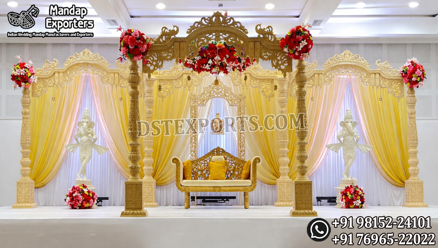 Bollywood Wedding Mandap USA, Outdoor Indian Wedding Stage, Destination Wedding Mandap, Luxury Fiber Mandap, Indian Mandap for Resort Wedding, Grand Indian Wedding Decor, Outdoor Mandap Setup, Bollywood Style Mandap, White Carved Mandap for Wedding, Indian Wedding Stage Exporter, Mandap Exporters USA, Royal Wedding Mandap, Elegant Fiber Wedding Mandap, Destination Wedding Decoration
