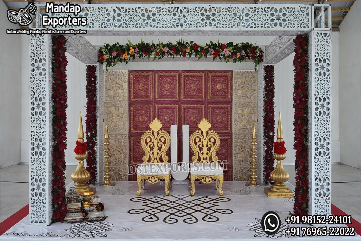 Bollywood Wedding Mandap USA, Outdoor Indian Wedding Stage, Destination Wedding Mandap, Luxury Fiber Mandap, Indian Mandap for Resort Wedding, Grand Indian Wedding Decor, Outdoor Mandap Setup, Bollywood Style Mandap, White Carved Mandap for Wedding, Indian Wedding Stage Exporter, Mandap Exporters USA, Royal Wedding Mandap, Elegant Fiber Wedding Mandap, Destination Wedding Decoration