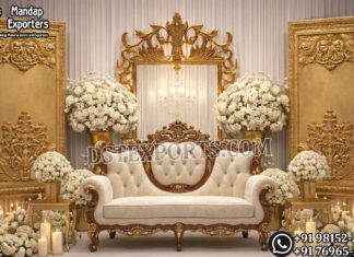 Luxury Golden Fiber Frames Panel for Stage Decor Wedding Mandaps Wedding Stages Wedding Furniture Horse Drawn Carriages Fiber Decoration Items Mehndi Sangeet and Haldi decor props
