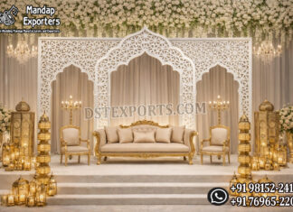 Royal Mughal Style Laser Cut Wedding Mandap Panels Bollywood Wedding Mandap USA, Outdoor Indian Wedding Stage, Destination Wedding Mandap, Luxury Fiber Mandap, Indian Mandap for Resort Wedding, Grand Indian Wedding Decor, Outdoor Mandap Setup, Bollywood Style Mandap, White Carved Mandap for Wedding, Indian Wedding Stage Exporter, Mandap Exporters USA, Royal Wedding Mandap, Elegant Fiber Wedding Mandap, Destination Wedding Decoration