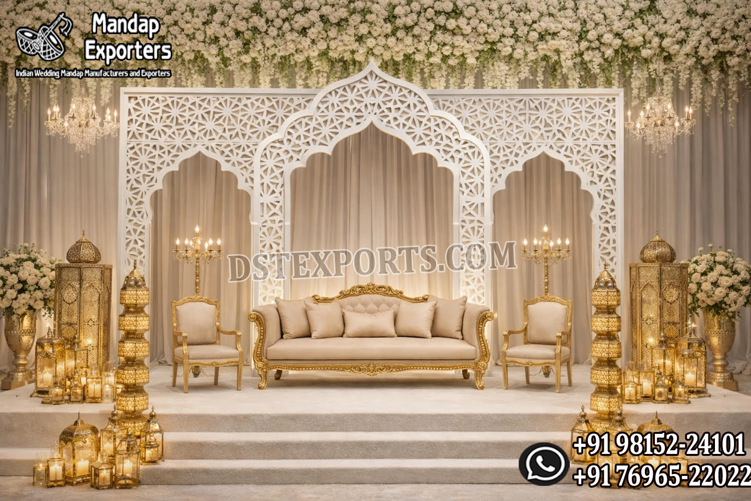 Bollywood Wedding Mandap USA, Outdoor Indian Wedding Stage, Destination Wedding Mandap, Luxury Fiber Mandap, Indian Mandap for Resort Wedding, Grand Indian Wedding Decor, Outdoor Mandap Setup, Bollywood Style Mandap, White Carved Mandap for Wedding, Indian Wedding Stage Exporter, Mandap Exporters USA, Royal Wedding Mandap, Elegant Fiber Wedding Mandap, Destination Wedding Decoration