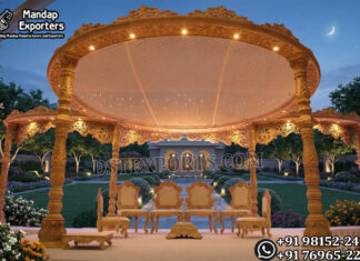 Royal Style Outdoor Wooden Wedding Mandap Decor Bollywood Wedding Mandap USA, Outdoor Indian Wedding Stage, Destination Wedding Mandap, Luxury Fiber Mandap, Indian Mandap for Resort Wedding, Grand Indian Wedding Decor, Outdoor Mandap Setup, Bollywood Style Mandap, White Carved Mandap for Wedding, Indian Wedding Stage Exporter, Mandap Exporters USA, Royal Wedding Mandap, Elegant Fiber Wedding Mandap, Destination Wedding Decoration
