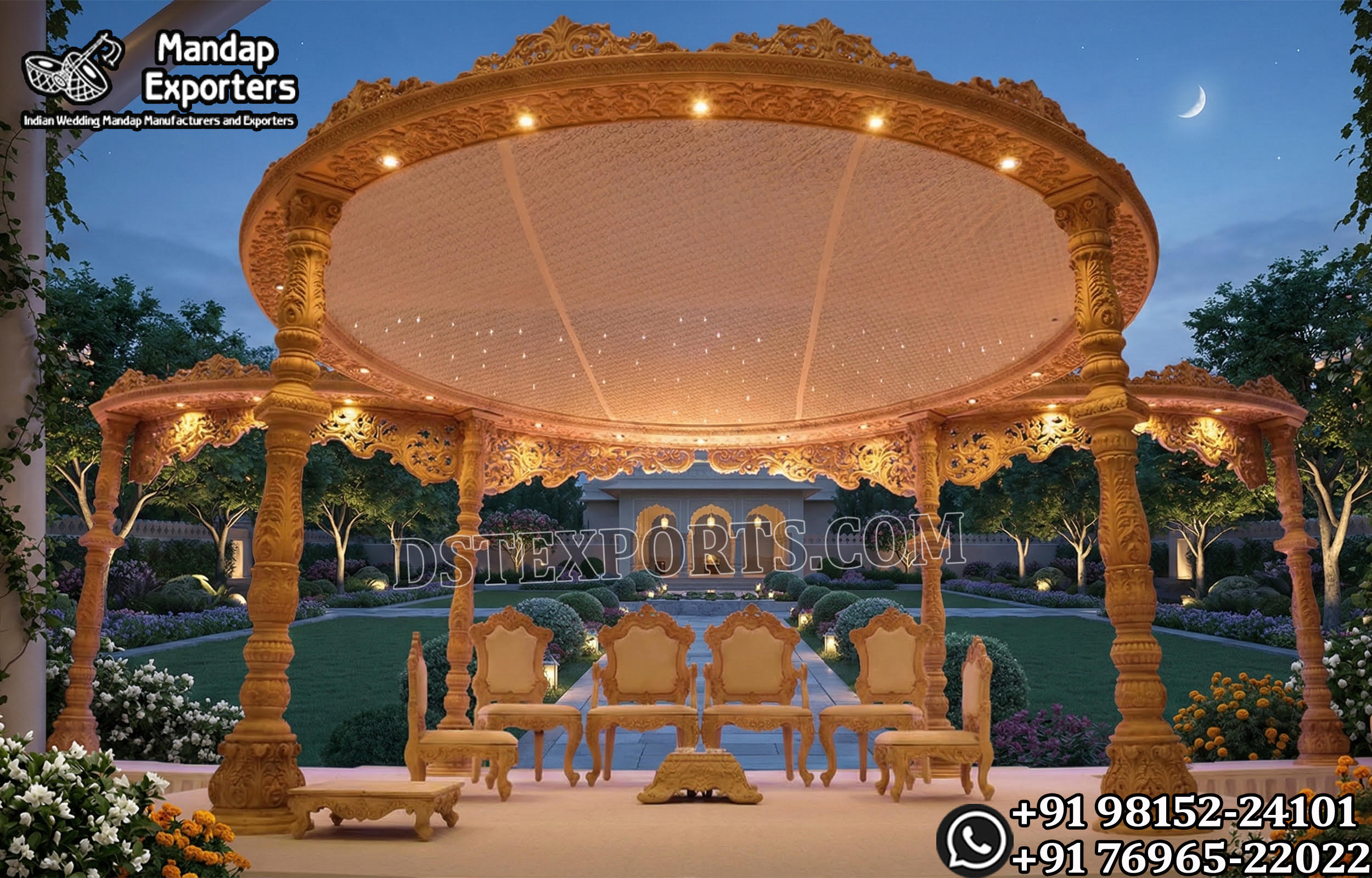Bollywood Wedding Mandap USA, Outdoor Indian Wedding Stage, Destination Wedding Mandap, Luxury Fiber Mandap, Indian Mandap for Resort Wedding, Grand Indian Wedding Decor, Outdoor Mandap Setup, Bollywood Style Mandap, White Carved Mandap for Wedding, Indian Wedding Stage Exporter, Mandap Exporters USA, Royal Wedding Mandap, Elegant Fiber Wedding Mandap, Destination Wedding Decoration