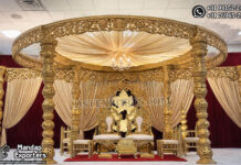 Conventional Golden Mandap for Nepali Wedding Australia South Indian wedding mandap, manavarai mandap design, temple style wedding mandap, gold wedding mandap for sale, carved wooden mandap India, luxury wedding mandap setup, traditional Hindu wedding mandap, royal wedding stage mandap, antique gold mandap design, premium mandap for wedding, Indian wedding mandap manufacturers, wedding mandap exporters India, decorative mandap pillars carved, mandap with dome canopy, classic temple mandap design, wedding stage furniture supplier, grand wedding mandap setup, banquet hall mandap decoration, designer mandap for marriage