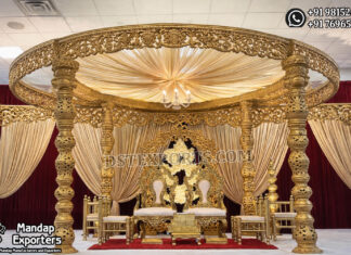 Conventional Golden Mandap for Nepali Wedding Australia South Indian wedding mandap, manavarai mandap design, temple style wedding mandap, gold wedding mandap for sale, carved wooden mandap India, luxury wedding mandap setup, traditional Hindu wedding mandap, royal wedding stage mandap, antique gold mandap design, premium mandap for wedding, Indian wedding mandap manufacturers, wedding mandap exporters India, decorative mandap pillars carved, mandap with dome canopy, classic temple mandap design, wedding stage furniture supplier, grand wedding mandap setup, banquet hall mandap decoration, designer mandap for marriage
