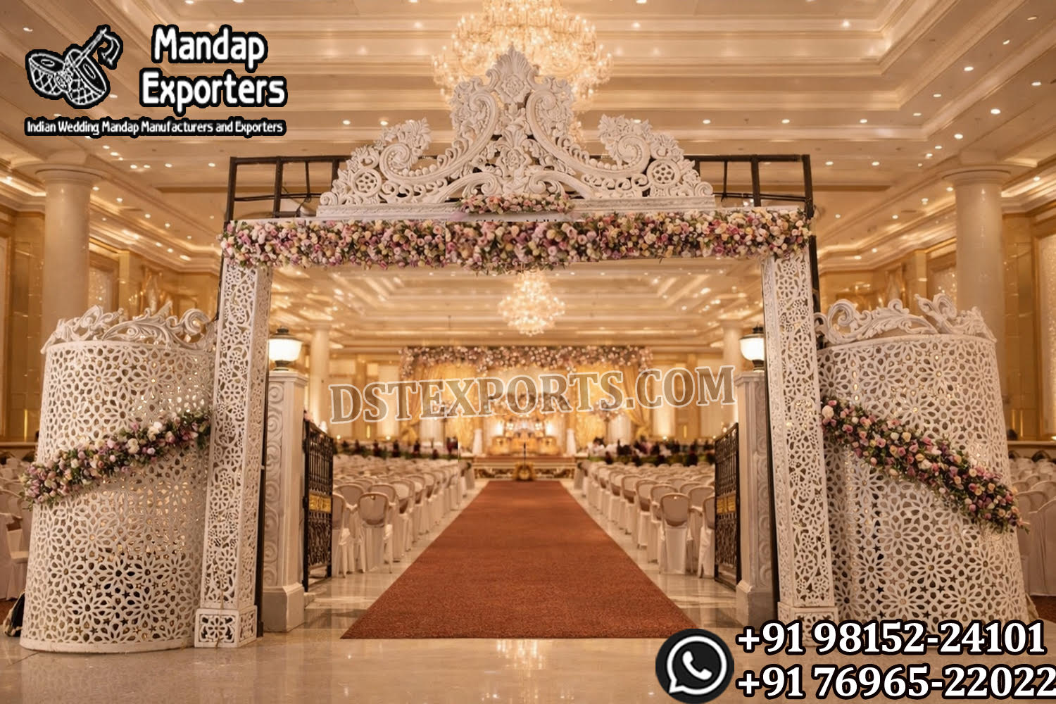 Bollywood Wedding Mandap USA, Outdoor Indian Wedding Stage, Destination Wedding Mandap, Luxury Fiber Mandap, Indian Mandap for Resort Wedding, Grand Indian Wedding Decor, Outdoor Mandap Setup, Bollywood Style Mandap, White Carved Mandap for Wedding, Indian Wedding Stage Exporter, Mandap Exporters USA, Royal Wedding Mandap, Elegant Fiber Wedding Mandap, Destination Wedding Decoration