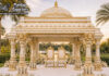 Splendid Dome Style Wedding Mandap With Elephant Pillars white gold wedding mandap, roman style wedding mandap, luxury wedding mandap design, carved wedding mandap India, premium wedding mandap setup, decorative mandap panels, wedding mandap with pillars, designer wedding mandap for sale, wedding mandap manufacturers India, mandap exporters India, luxury wedding stage mandap, elegant wedding mandap design, banquet hall mandap setup, destination wedding mandap decor, classic wedding mandap India