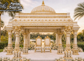 Splendid Dome Style Wedding Mandap With Elephant Pillars white gold wedding mandap, roman style wedding mandap, luxury wedding mandap design, carved wedding mandap India, premium wedding mandap setup, decorative mandap panels, wedding mandap with pillars, designer wedding mandap for sale, wedding mandap manufacturers India, mandap exporters India, luxury wedding stage mandap, elegant wedding mandap design, banquet hall mandap setup, destination wedding mandap decor, classic wedding mandap India