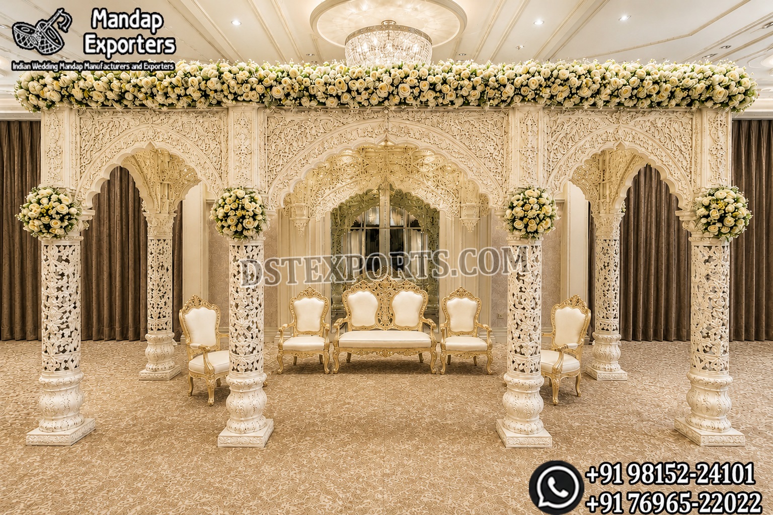 white gold wedding mandap, roman style wedding mandap, luxury wedding mandap design, carved wedding mandap India, premium wedding mandap setup, decorative mandap panels, wedding mandap with pillars, designer wedding mandap for sale, wedding mandap manufacturers India, mandap exporters India, luxury wedding stage mandap, elegant wedding mandap design, banquet hall mandap setup, destination wedding mandap decor, classic wedding mandap India
