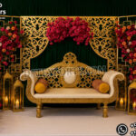 reception stage decor, laser cut metal backdrop, floral wedding stage, candle wall backdrop, luxury reception stage, wedding stage decoration, elegant wedding backdrop, floral wall decor, wedding sofa stage setup, metal panel backdrop, crystal hanging backdrop, royal wedding stage, luxury event decor, wedding stage furniture, mandap exporters decor
