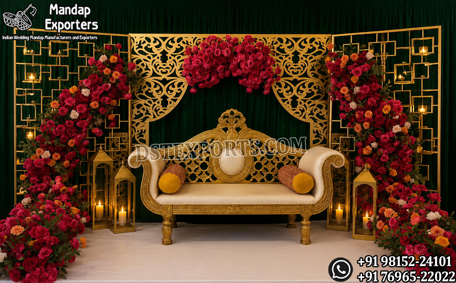 reception stage decor, laser cut metal backdrop, floral wedding stage, candle wall backdrop, luxury reception stage, wedding stage decoration, elegant wedding backdrop, floral wall decor, wedding sofa stage setup, metal panel backdrop, crystal hanging backdrop, royal wedding stage, luxury event decor, wedding stage furniture, mandap exporters decor