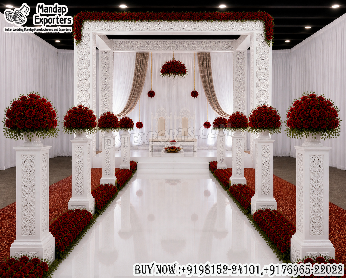 white wedding mandap, laser cut mandap design, ivory wedding backdrop, luxury wedding mandap, floral wedding mandap, Indian wedding stage decor, elegant mandap setup, carved mandap panels, wedding ceremony mandap, premium mandap design, wedding stage backdrop, Hindu wedding mandap, mandap exporters India, decorative wedding mandap, royal wedding mandap