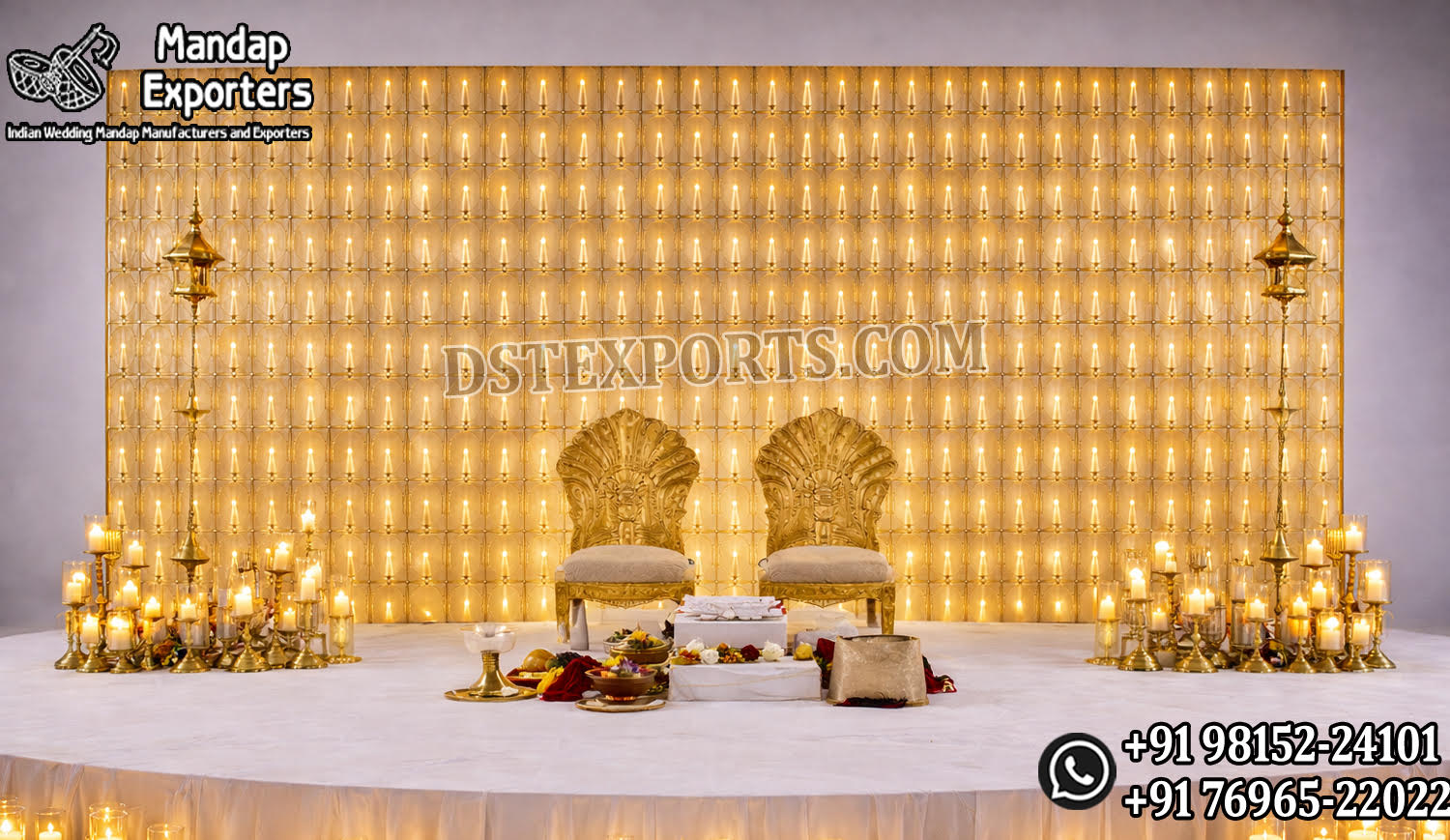 reception stage decor, laser cut metal backdrop, floral wedding stage, candle wall backdrop, luxury reception stage, wedding stage decoration, elegant wedding backdrop, floral wall decor, wedding sofa stage setup, metal panel backdrop, crystal hanging backdrop, royal wedding stage, luxury event decor, wedding stage furniture, mandap exporters decor