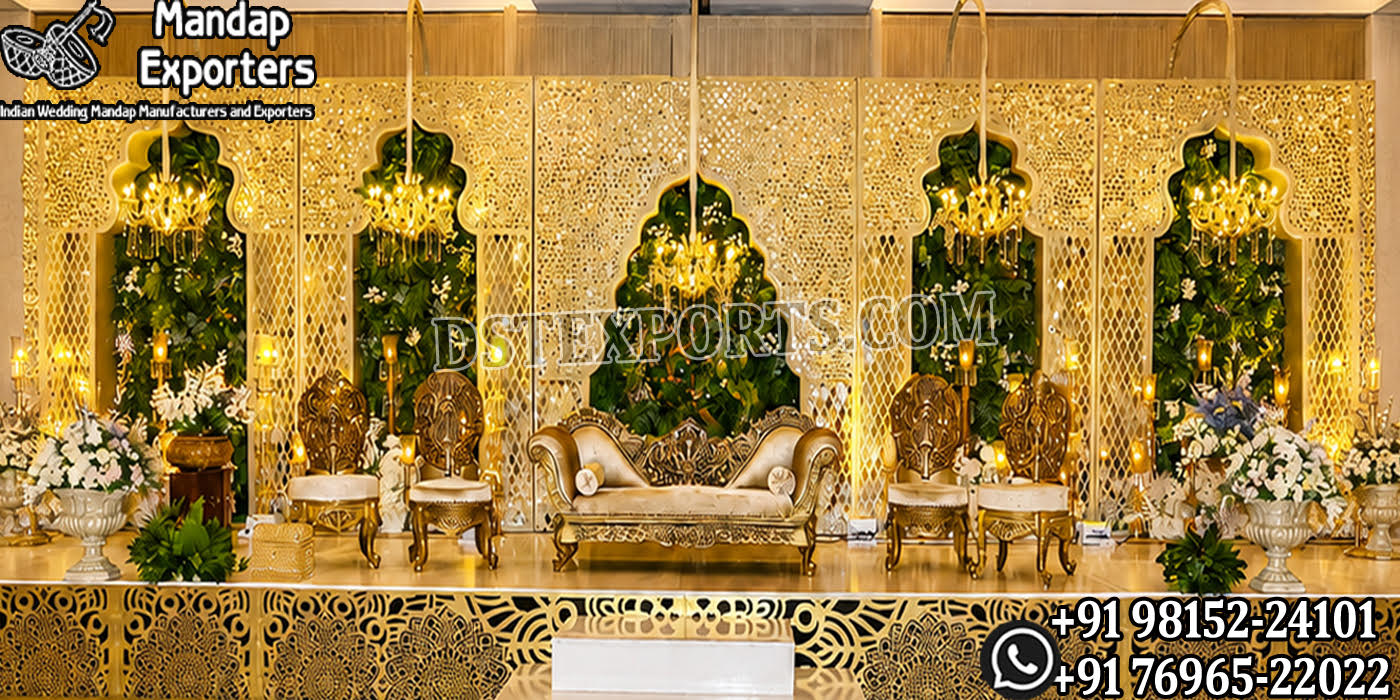Moroccan style backdrop, lotus carved backdrop, mirror wedding backdrop, yellow haldi décor, mehendi ceremony setup, luxury wedding backdrop, floral haldi stage, decorative event backdrop, carved wedding panels, Moroccan wedding décor, wedding lounge setup, traditional haldi decoration, event décor manufacturers, wedding backdrop exporters