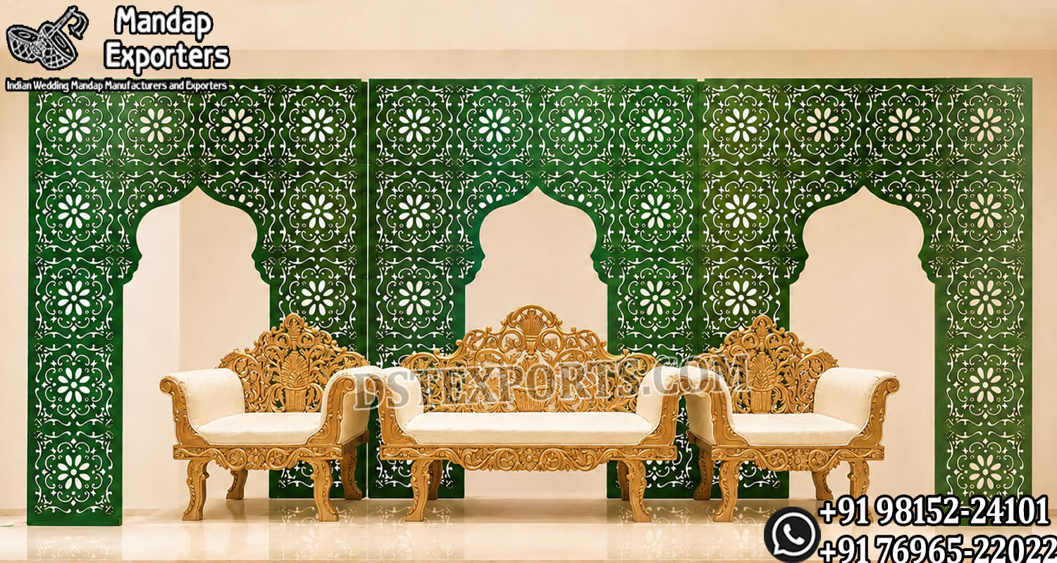 reception stage decor, laser cut metal backdrop, floral wedding stage, candle wall backdrop, luxury reception stage, wedding stage decoration, elegant wedding backdrop, floral wall decor, wedding sofa stage setup, metal panel backdrop, crystal hanging backdrop, royal wedding stage, luxury event decor, wedding stage furniture, mandap exporters decor