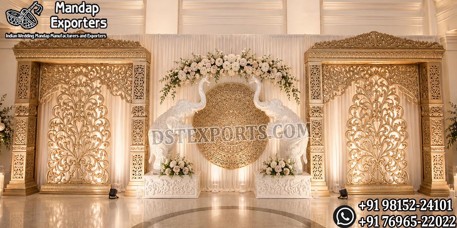 Luxury Arangetram stage decoration with golden carved backdrop panels, large white elephant statues, floral arch décor, and elegant warm lighting for a traditional South Indian cultural event.