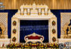 Majestic Malayalam Wedding Kanyadanam Stage south indian wedding mandap, temple style wedding mandap, manavarai mandap design, hindu wedding mandap decoration, white gold wedding mandap, traditional wedding mandap India, luxury wedding mandap setup, carved mandap pillars, muhurtham stage decoration, wedding mandap exporters India, premium mandap design, temple theme wedding decor, indian wedding stage mandap, decorative mandap supplier